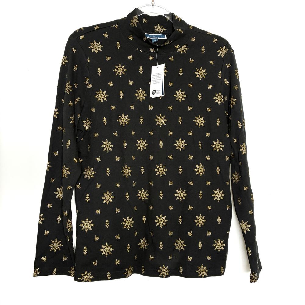 Karen Scott Black Glitter Gold Snowflake Mock Neck Long Sleeve Tee Womens Large